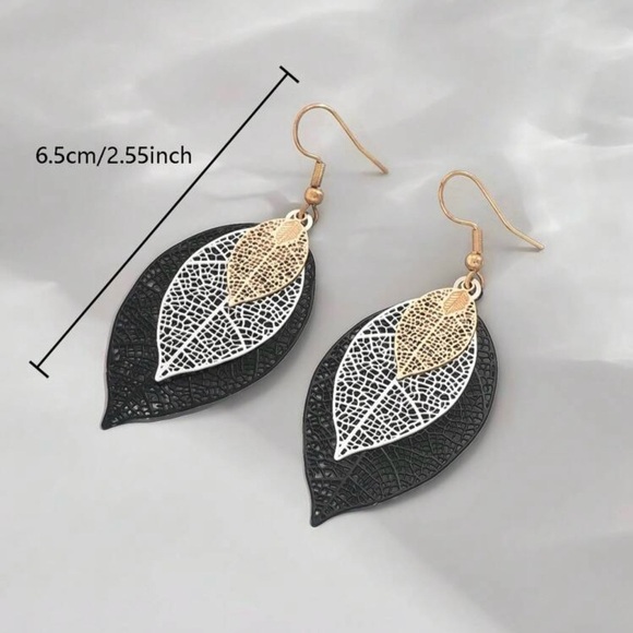 Gold and Black Leaf Earrings - Picture 2 of 4